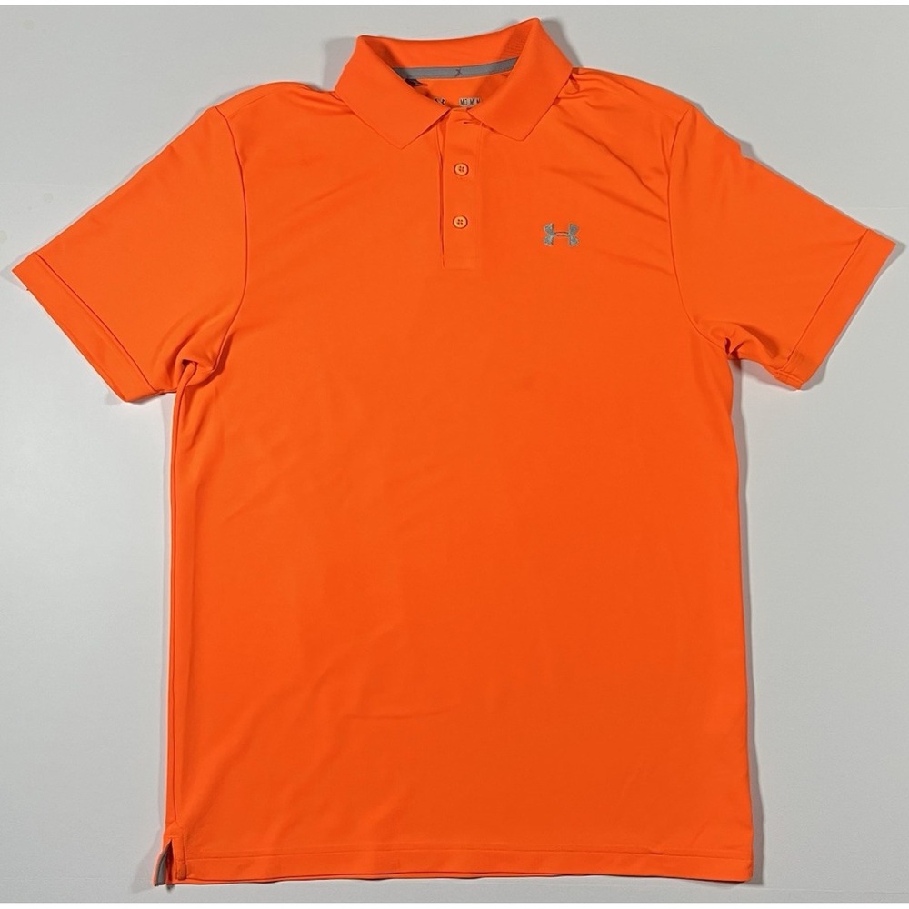 Under Armour Mens Orange Golf Polo Shirt Size Medium Loose HeatGear **See Pics**